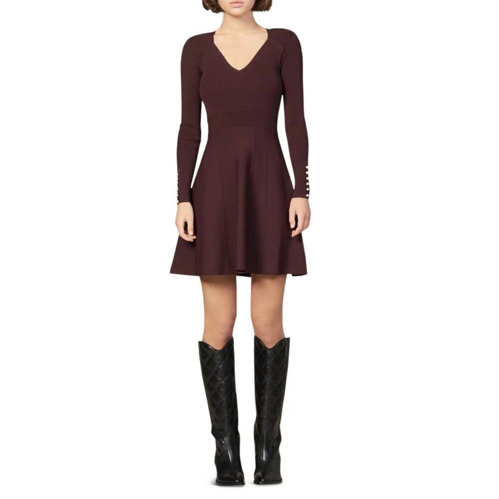 Sandro Women's Burgundy Ribbed Knit Long Sleeve Mini Dress Size XS